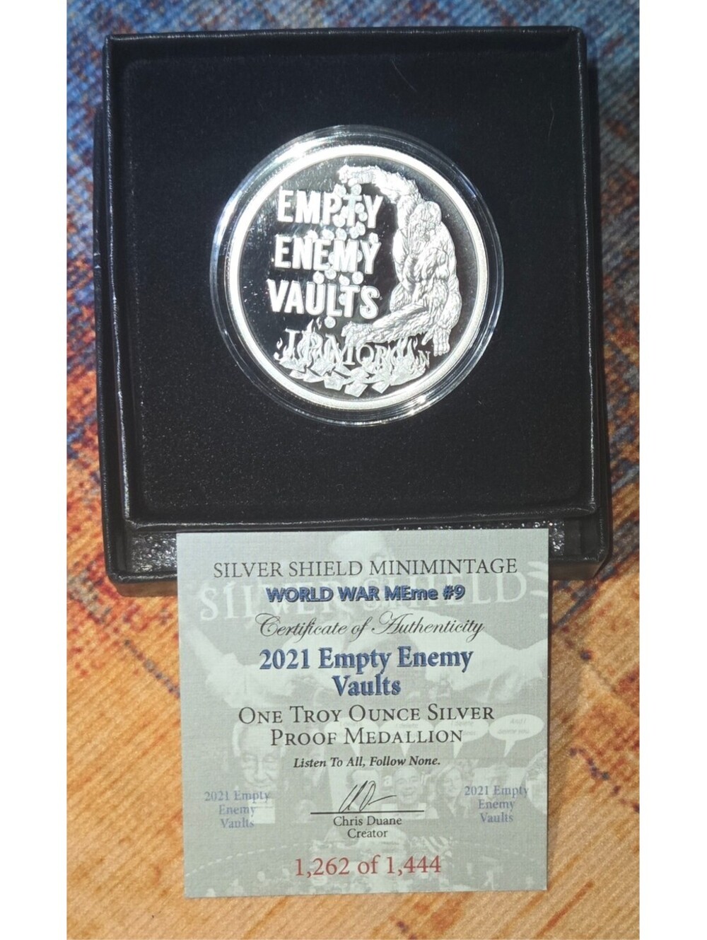 EMPTY ENEMY VAULTS 1oz Proof 2021 Silver Shield COA 1262/1444 World War Memes #9